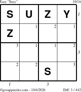 The grouppuzzles.com Easy Suzy puzzle for Sunday October 4, 2026, suitable for printing, with all 3 steps marked