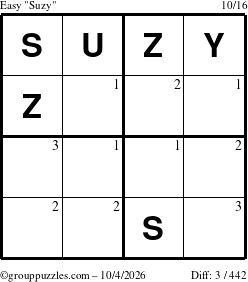 The grouppuzzles.com Easy Suzy puzzle for Sunday October 4, 2026 with the first 3 steps marked