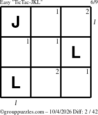 The grouppuzzles.com Easy TicTac-JKL puzzle for Sunday October 4, 2026 with all 2 steps marked