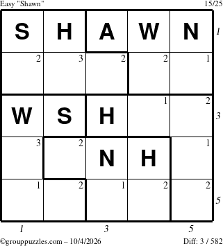 The grouppuzzles.com Easy Shawn puzzle for Sunday October 4, 2026, suitable for printing, with all 3 steps marked