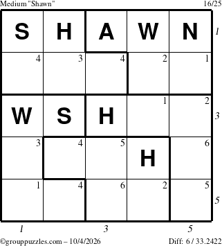 The grouppuzzles.com Medium Shawn puzzle for Sunday October 4, 2026, suitable for printing, with all 6 steps marked
