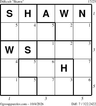 The grouppuzzles.com Difficult Shawn puzzle for Sunday October 4, 2026, suitable for printing, with all 7 steps marked