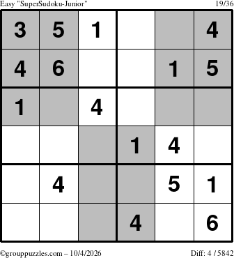 The grouppuzzles.com Easy SuperSudoku-Junior puzzle for Sunday October 4, 2026