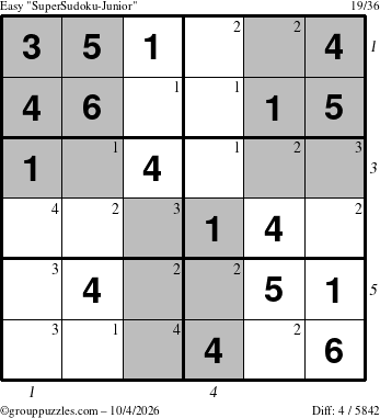 The grouppuzzles.com Easy SuperSudoku-Junior puzzle for Sunday October 4, 2026 with all 4 steps marked