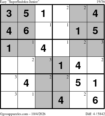 The grouppuzzles.com Easy SuperSudoku-Junior puzzle for Sunday October 4, 2026 with the first 3 steps marked