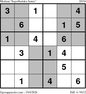 The grouppuzzles.com Medium SuperSudoku-Junior puzzle for Sunday October 4, 2026