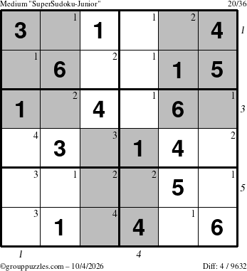 The grouppuzzles.com Medium SuperSudoku-Junior puzzle for Sunday October 4, 2026 with all 4 steps marked
