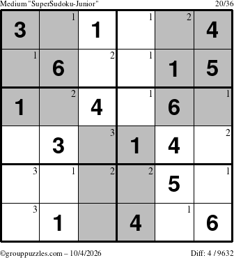 The grouppuzzles.com Medium SuperSudoku-Junior puzzle for Sunday October 4, 2026 with the first 3 steps marked