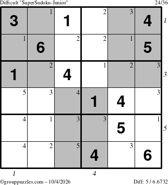 The grouppuzzles.com Difficult SuperSudoku-Junior puzzle for Sunday October 4, 2026, suitable for printing, with all 5 steps marked