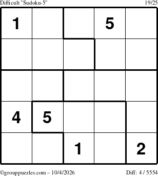 The grouppuzzles.com Difficult Sudoku-5 puzzle for Sunday October 4, 2026