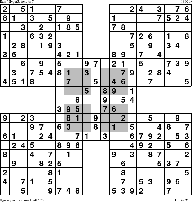 The grouppuzzles.com Easy HyperSudoku-by5 puzzle for Sunday October 4, 2026