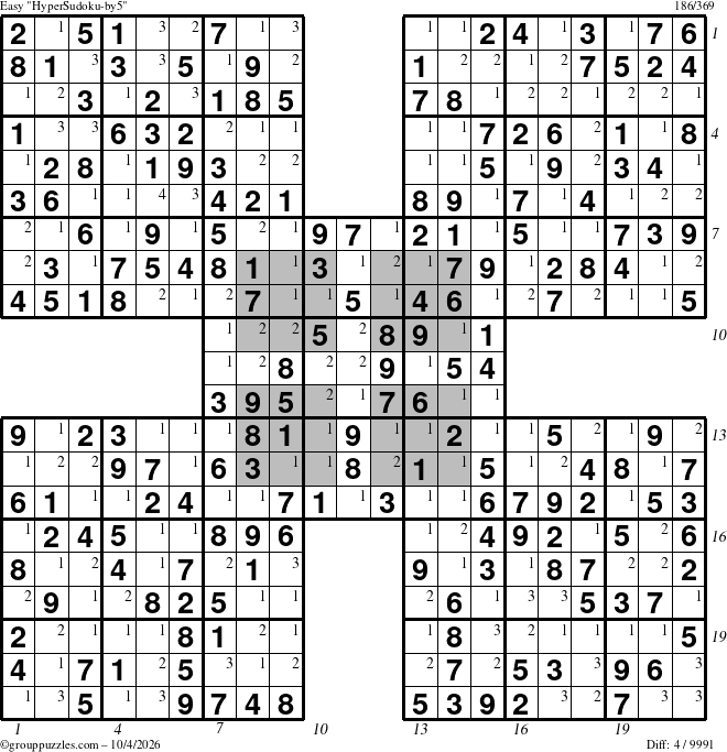 The grouppuzzles.com Easy HyperSudoku-by5 puzzle for Sunday October 4, 2026, suitable for printing, with all 4 steps marked