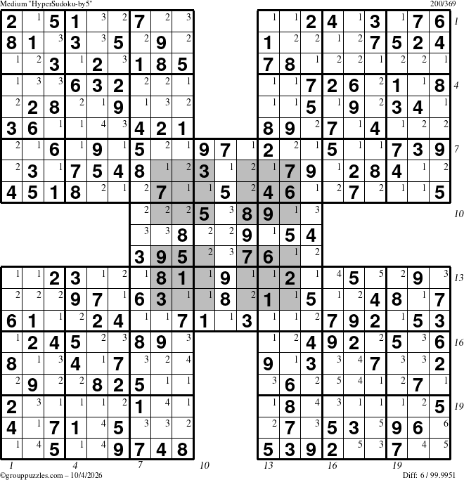 The grouppuzzles.com Medium HyperSudoku-by5 puzzle for Sunday October 4, 2026 with all 6 steps marked