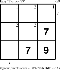 The grouppuzzles.com Easy TicTac-789 puzzle for Sunday October 4, 2026 with all 2 steps marked