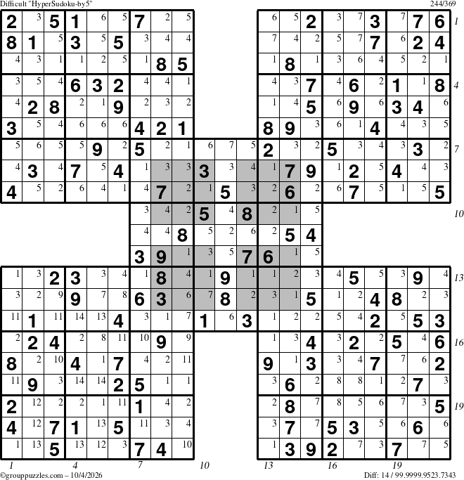 The grouppuzzles.com Difficult HyperSudoku-by5 puzzle for Sunday October 4, 2026, suitable for printing, with all 14 steps marked