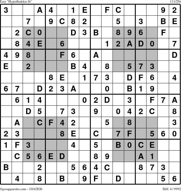 The grouppuzzles.com Easy HyperSudoku-16 puzzle for Sunday October 4, 2026