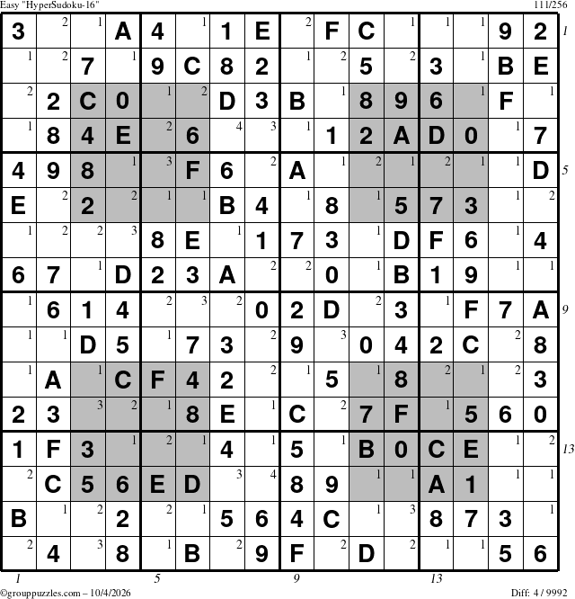 The grouppuzzles.com Easy HyperSudoku-16 puzzle for Sunday October 4, 2026 with all 4 steps marked
