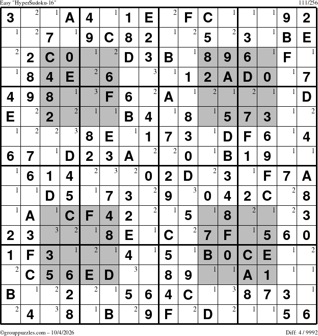 The grouppuzzles.com Easy HyperSudoku-16 puzzle for Sunday October 4, 2026 with the first 3 steps marked