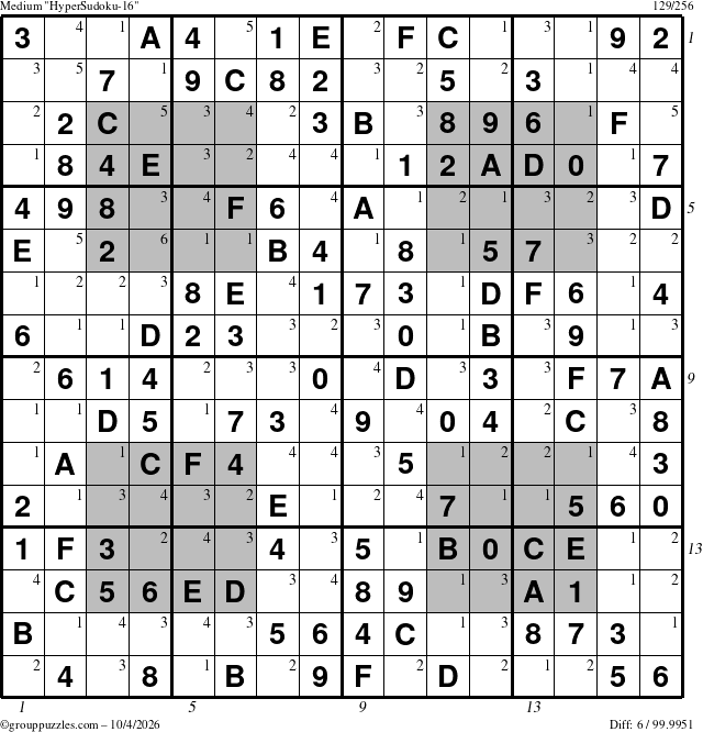 The grouppuzzles.com Medium HyperSudoku-16 puzzle for Sunday October 4, 2026 with all 6 steps marked