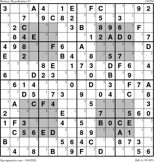 The grouppuzzles.com Medium HyperSudoku-16 puzzle for Sunday October 4, 2026 with the first 3 steps marked