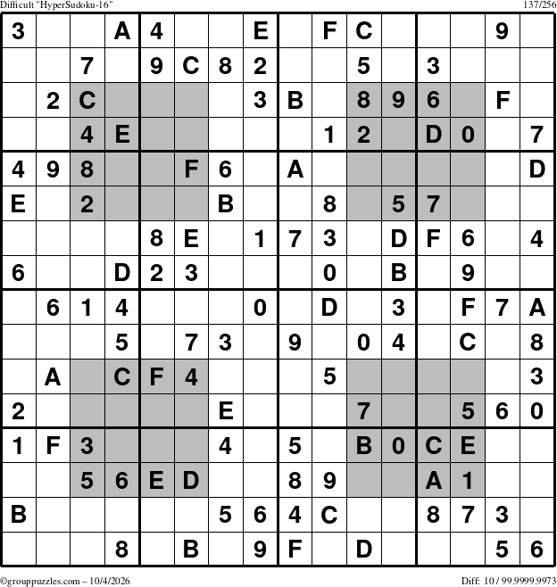The grouppuzzles.com Difficult HyperSudoku-16 puzzle for Sunday October 4, 2026