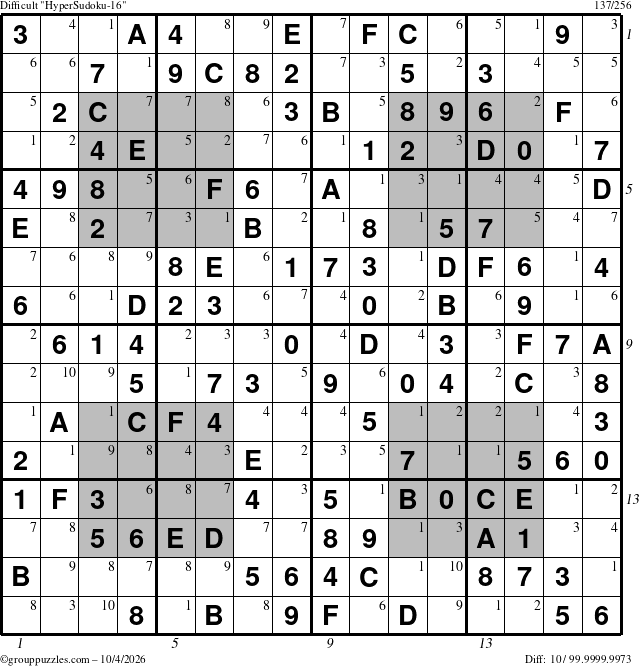 The grouppuzzles.com Difficult HyperSudoku-16 puzzle for Sunday October 4, 2026 with all 10 steps marked