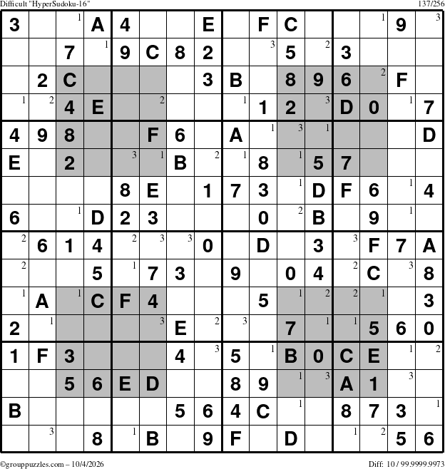 The grouppuzzles.com Difficult HyperSudoku-16 puzzle for Sunday October 4, 2026 with the first 3 steps marked