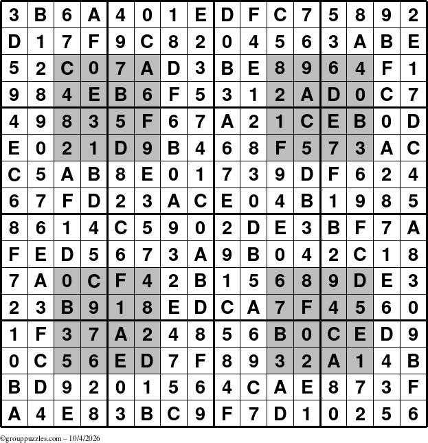 The grouppuzzles.com Answer grid for the HyperSudoku-16 puzzle for Sunday October 4, 2026