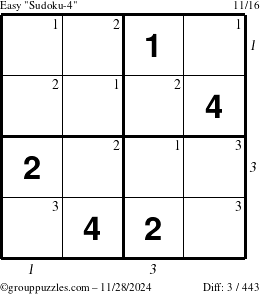 The grouppuzzles.com Easy Sudoku-4 puzzle for Thursday November 28, 2024 with all 3 steps marked