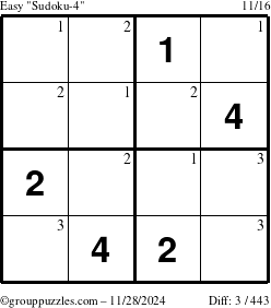 The grouppuzzles.com Easy Sudoku-4 puzzle for Thursday November 28, 2024 with the first 3 steps marked