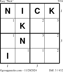 The grouppuzzles.com Easy Nick puzzle for Thursday November 28, 2024 with all 3 steps marked