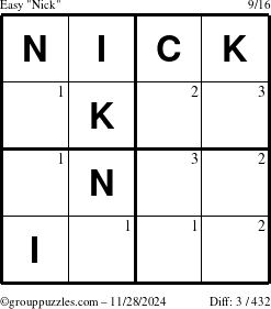 The grouppuzzles.com Easy Nick puzzle for Thursday November 28, 2024 with the first 3 steps marked