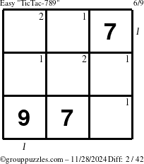 The grouppuzzles.com Easy TicTac-789 puzzle for Thursday November 28, 2024 with all 2 steps marked