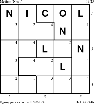 The grouppuzzles.com Medium Nicol puzzle for Thursday November 28, 2024 with all 4 steps marked