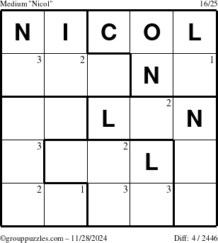 The grouppuzzles.com Medium Nicol puzzle for Thursday November 28, 2024 with the first 3 steps marked