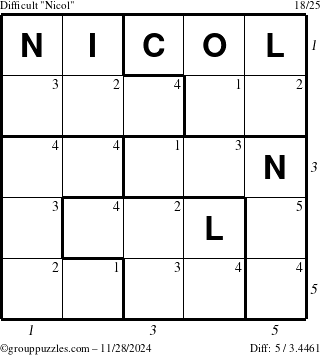 The grouppuzzles.com Difficult Nicol puzzle for Thursday November 28, 2024 with all 5 steps marked