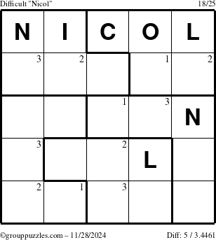 The grouppuzzles.com Difficult Nicol puzzle for Thursday November 28, 2024 with the first 3 steps marked