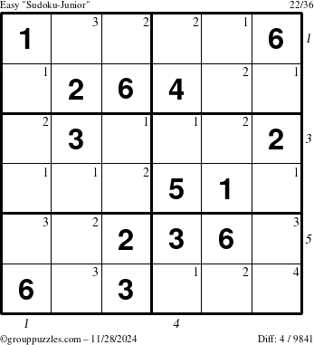 The grouppuzzles.com Easy Sudoku-Junior puzzle for Thursday November 28, 2024, suitable for printing, with all 4 steps marked