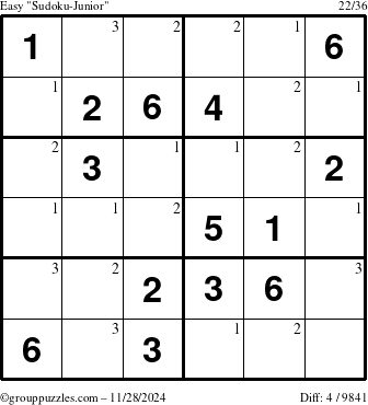 The grouppuzzles.com Easy Sudoku-Junior puzzle for Thursday November 28, 2024 with the first 3 steps marked