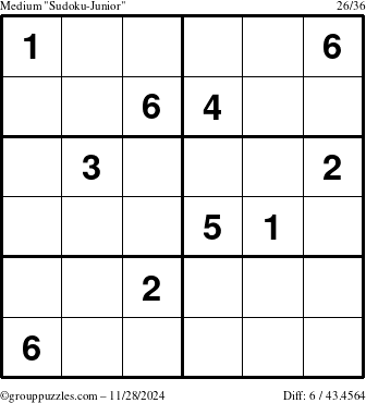 The grouppuzzles.com Medium Sudoku-Junior puzzle for Thursday November 28, 2024