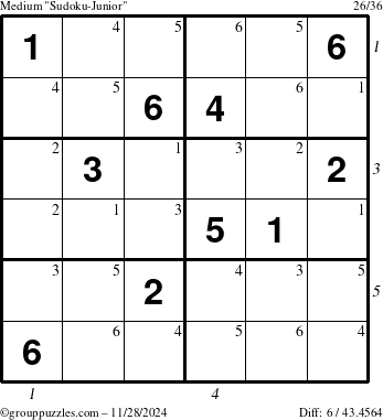 The grouppuzzles.com Medium Sudoku-Junior puzzle for Thursday November 28, 2024 with all 6 steps marked