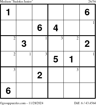 The grouppuzzles.com Medium Sudoku-Junior puzzle for Thursday November 28, 2024 with the first 3 steps marked