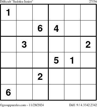 The grouppuzzles.com Difficult Sudoku-Junior puzzle for Thursday November 28, 2024