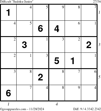 The grouppuzzles.com Difficult Sudoku-Junior puzzle for Thursday November 28, 2024 with all 9 steps marked