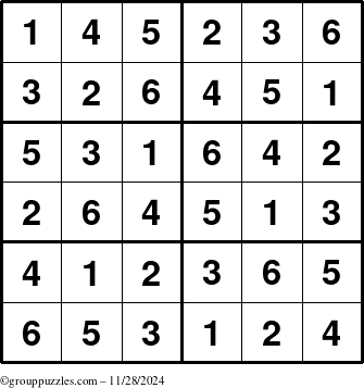 The grouppuzzles.com Answer grid for the Sudoku-Junior puzzle for Thursday November 28, 2024