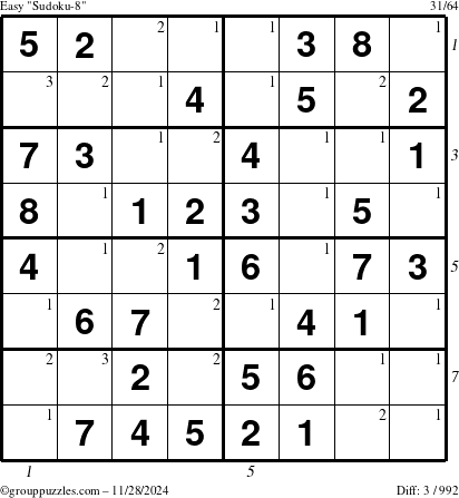 The grouppuzzles.com Easy Sudoku-8 puzzle for Thursday November 28, 2024 with all 3 steps marked