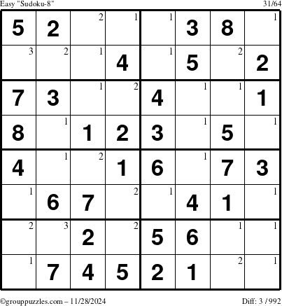 The grouppuzzles.com Easy Sudoku-8 puzzle for Thursday November 28, 2024 with the first 3 steps marked