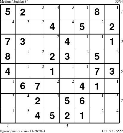 The grouppuzzles.com Medium Sudoku-8 puzzle for Thursday November 28, 2024 with all 5 steps marked