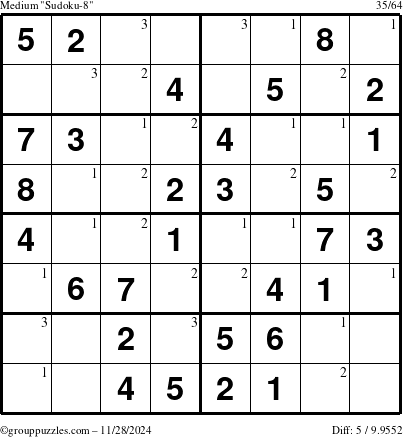 The grouppuzzles.com Medium Sudoku-8 puzzle for Thursday November 28, 2024 with the first 3 steps marked