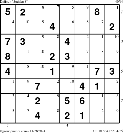 The grouppuzzles.com Difficult Sudoku-8 puzzle for Thursday November 28, 2024 with all 10 steps marked